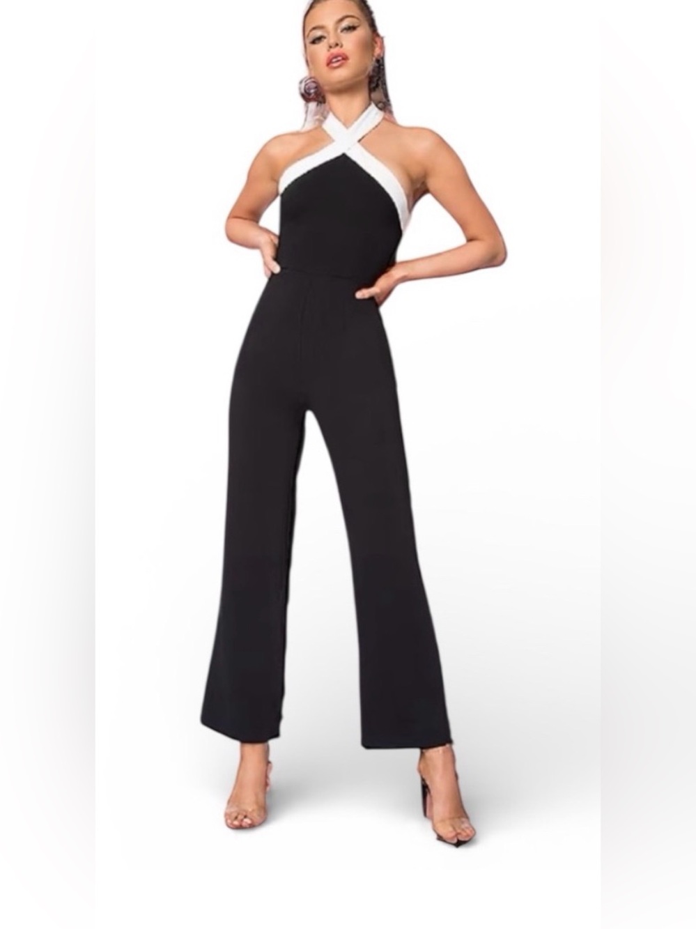 REVOLVE Black Jumpsuit with White Crisscross Halter